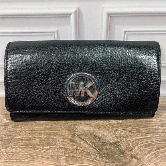 Michael Kors Handbags - Michael Kors Continental Fulton Flap Wallet Black Pebbled Leather Silver Logo